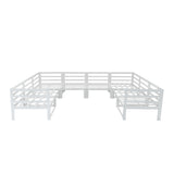 Modular white garden furniture set featuring a spacious design, slatted texture, and an integrated fire pit for outdoor gatherings