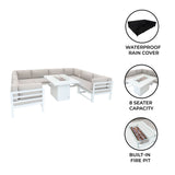 Modular white garden furniture set featuring a built-in fire pit, soft beige cushions, and spacious seating for eight people