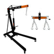 Heavy-duty black engine crane with orange accents, featuring a load leveller and chains, designed for lifting up to 1 tonne