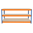 Three-tier workbench featuring sturdy blue metal frames and orange accents, with spacious beige shelves for versatile storage and organization