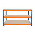 Three-tier workbench with a sturdy blue metal frame and orange accents, featuring spacious beige shelves for versatile storage