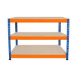 Three-tier workbench featuring a sturdy blue and orange metal frame with smooth beige shelves, ideal for workshops and storage