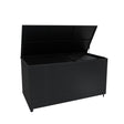 Black rattan cushion storage box with a spacious 700L interior, featuring a textured weave and a hinged lid for easy access