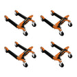 Hydraulic positioning skates set of four, featuring sturdy orange frames, rubber grips, and smooth-rolling wheels for easy maneuverability