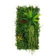 Lush green artificial wall tile featuring various textures, including ferns, leafy plants, and vibrant yellow flowers, ideal for decor
