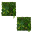 Lush green artificial wall tile featuring various plants, including ferns and palm leaves, creating a vibrant, textured look
