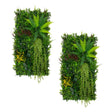 Lush green artificial wall tiles featuring ferns, cascading vines, and vibrant yellow flowers for a natural, textured look