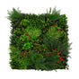Lush green artificial wall tile featuring various plants, ferns, and vibrant red flowers, perfect for indoor decor and enhancing spaces