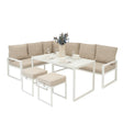 Stylish white aluminium corner sofa set with beige cushions, complemented by a modern dining table and decorative flower vase
