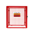 Collapsible red mesh cage for gas bottles, featuring safety warnings, sturdy metal construction, and dimensions of 90cm x 80cm x 43cm