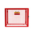 Collapsible red mesh cage for gas bottles, featuring a sturdy frame, warning signs, and a secure locking mechanism, measuring 92cm x 110cm x 50cm