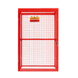 Collapsible red mesh cage for gas bottles, featuring a sturdy metal frame, grid design, and a secure locking mechanism