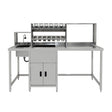 Stainless steel bubble tea workstation with sink, storage cabinets, and multiple compartments for ingredients and tools