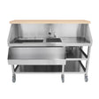 Mobile cocktail bar station with a sleek stainless steel design, wooden countertop, sink, and storage shelves on wheels for easy mobility