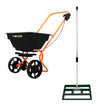 Rotary spreader with black hopper and orange handle, alongside a green 50cm lawn leveller with a sturdy metal frame