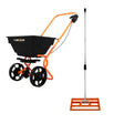 Rotary spreader with a black hopper and orange frame, paired with a 50cm lawn leveller featuring a sturdy metal handle and base