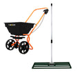 Rotary spreader with black hopper, orange handle, and large wheels alongside a green 100cm lawn leveller for even soil distribution