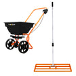 Rotary spreader with black hopper and orange frame, paired with a 100cm lawn leveller featuring a sturdy aluminum handle and grid design