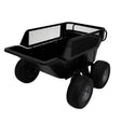 Sturdy black tipping trailer with a mesh side design, four durable wheels, and a spacious cargo area for easy transport