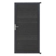 Grey composite panel gate featuring a wood-like texture, sleek metal frame, and modern handle design, ideal for outdoor spaces