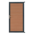 Brown composite panel gate with horizontal slats, framed in dark metal, featuring a sleek handle and modern design
