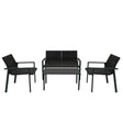 Black rattan patio furniture set featuring two chairs and a loveseat with a glass-top coffee table, perfect for outdoor relaxation