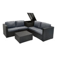 Stylish black rattan modular furniture set with plush gray cushions, featuring a spacious coffee table and hidden storage compartment