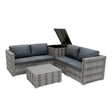 Grey rattan modular 6-piece furniture set featuring plush cushions, a stylish coffee table, and hidden storage in the corner unit