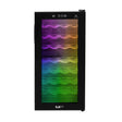 Sleek black Oriva LED wine cooler with colorful gradient lighting, showcasing multiple shelves for wine bottles and a glass door