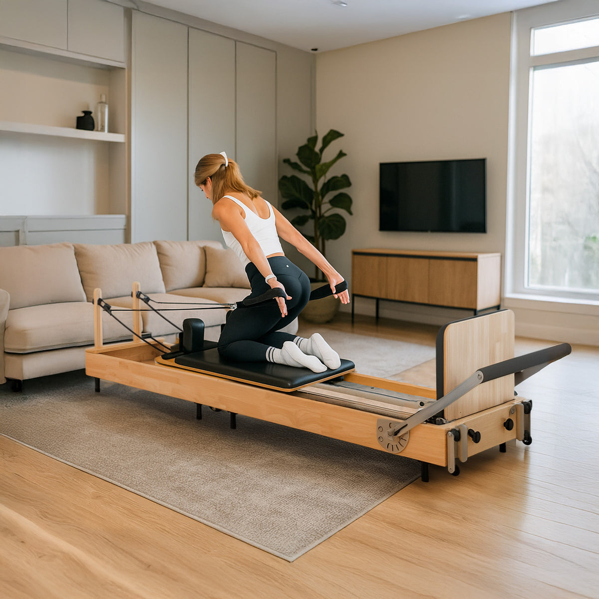 Woman performing Pilates on a wooden reformer in a modern living room with light wood floors and a cozy sofa