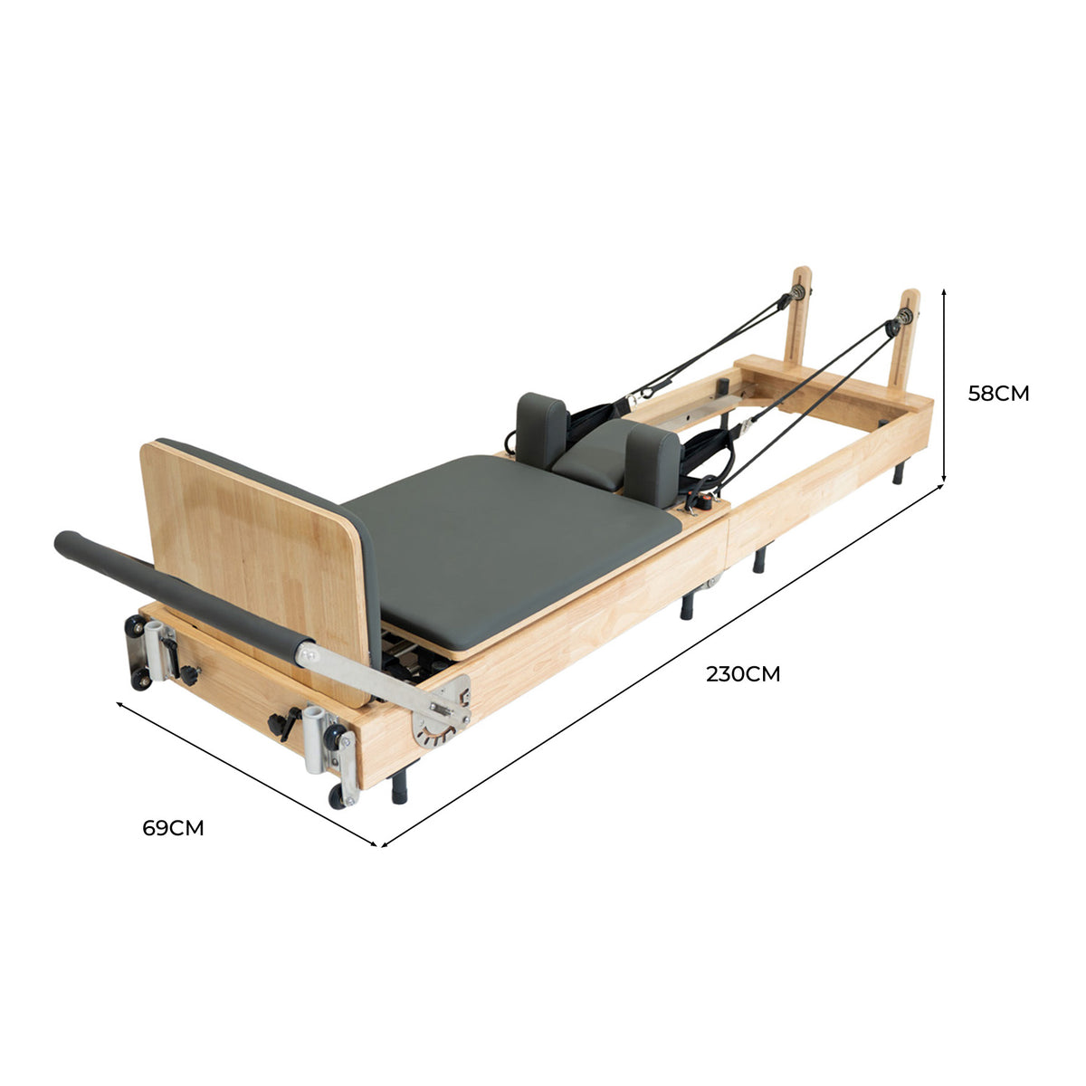 Wooden Pilates reformer with a padded gray cushion, adjustable straps, and dimensions of 230cm x 69cm x 58cm, ideal for workouts