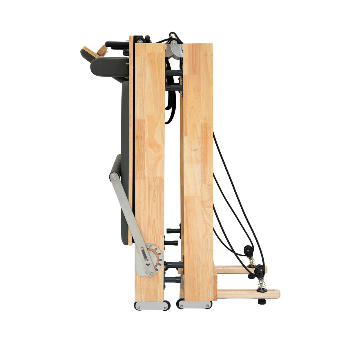 Compact wooden rowing machine with a sleek design, featuring a sturdy frame, adjustable resistance, and smooth pulleys for effective workouts