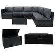 Black rattan modular 7-piece furniture set with plush gray cushions and a matching storage box, perfect for outdoor lounging