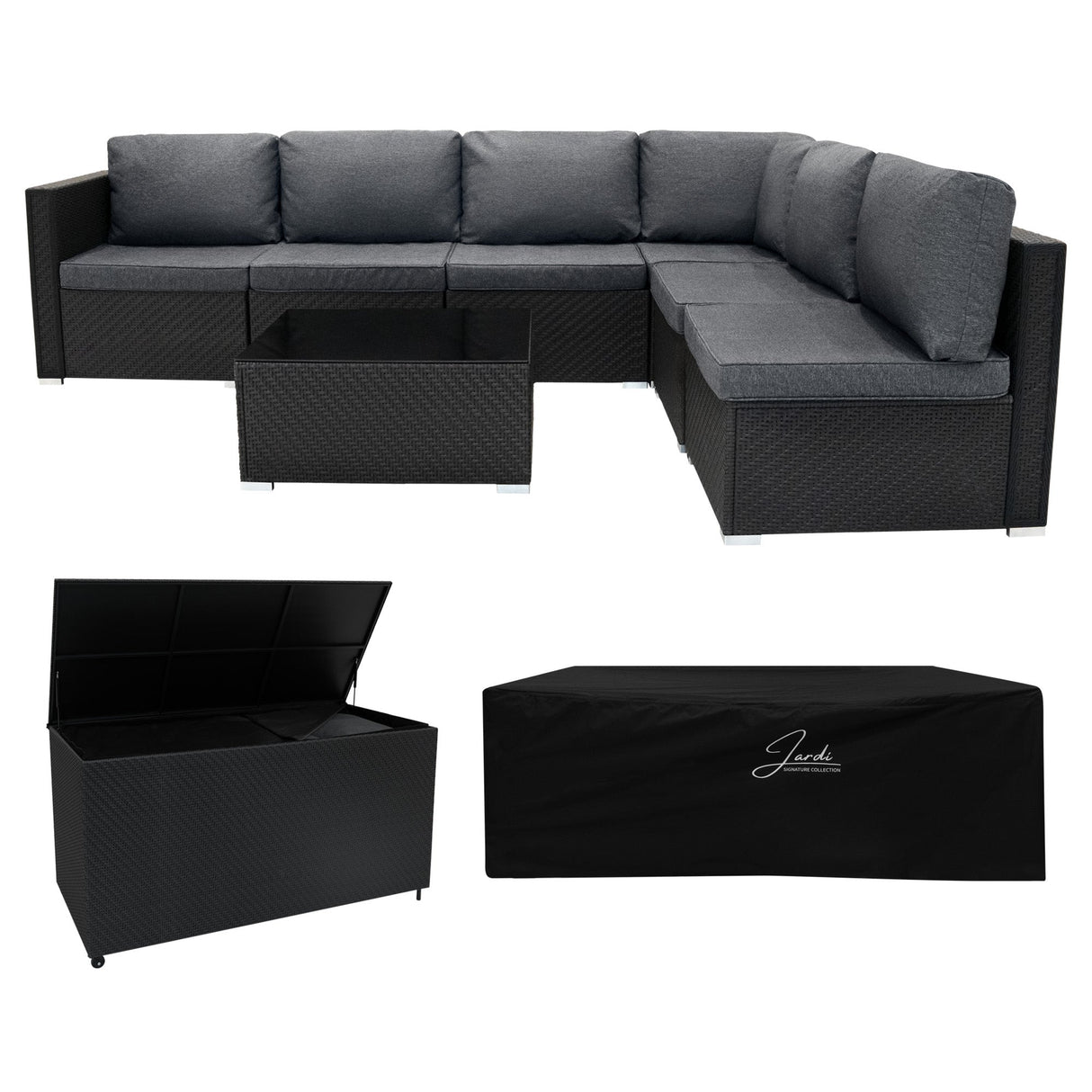 Rattan Modular 7 Piece Furniture Set & 700L Storage Box - Black