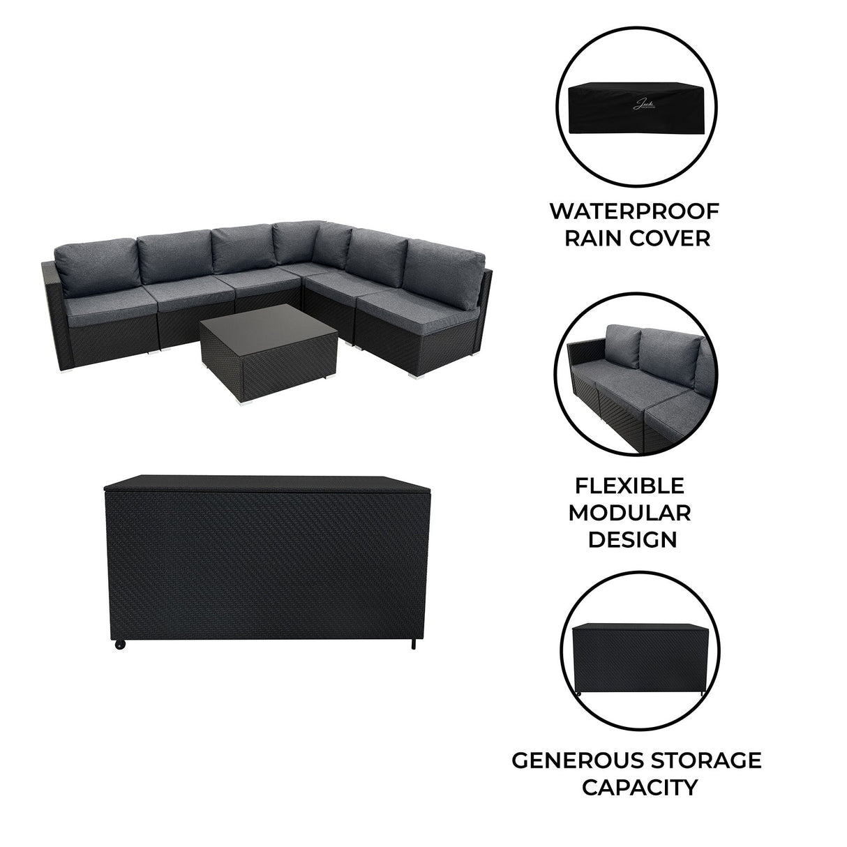 Rattan Modular 7 Piece Furniture Set & 700L Storage Box - Black