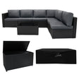 Black rattan modular 7-piece furniture set with plush gray cushions and a matching storage box, perfect for outdoor relaxation
