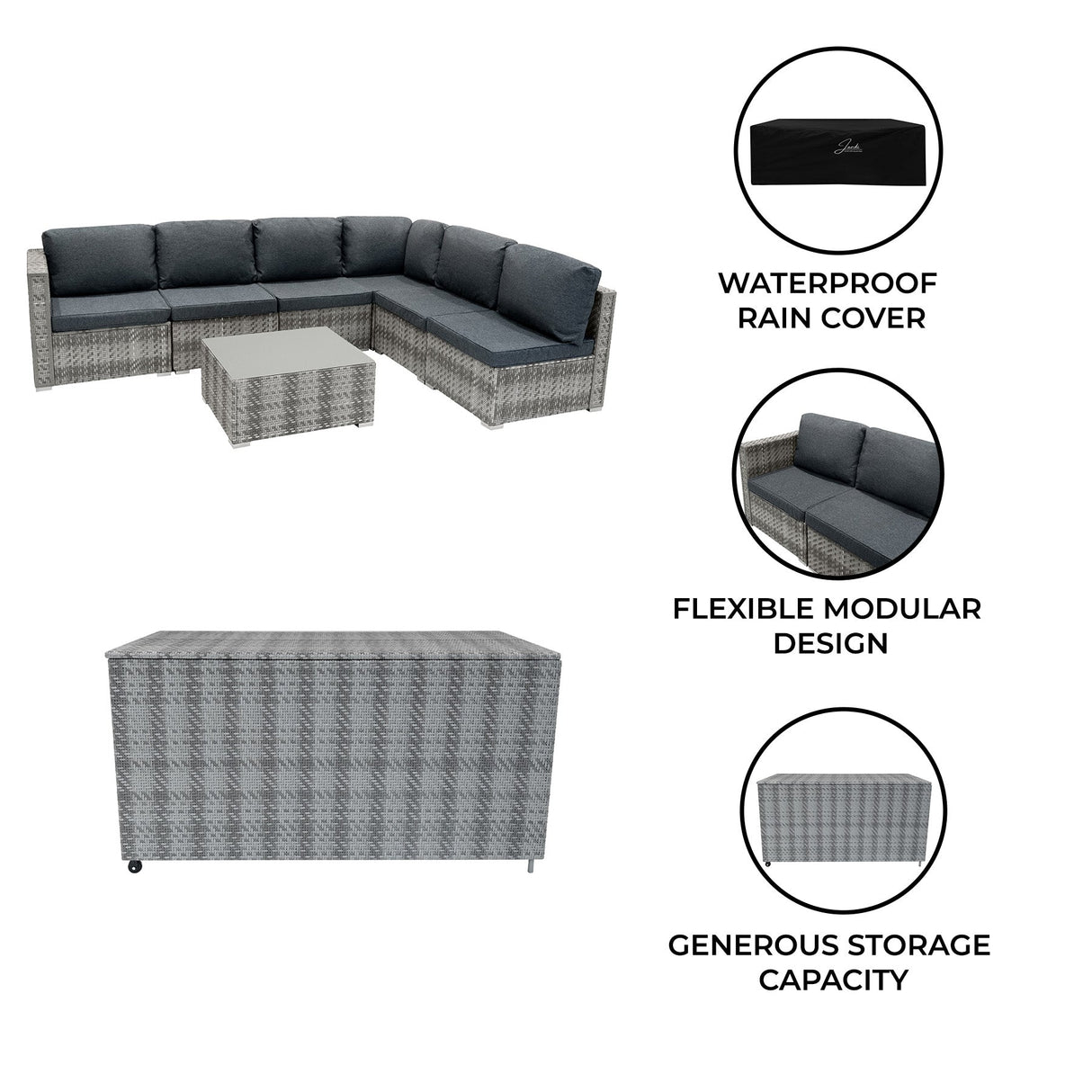 Rattan Modular 7 Piece Furniture Set & 996L Storage Box - Grey