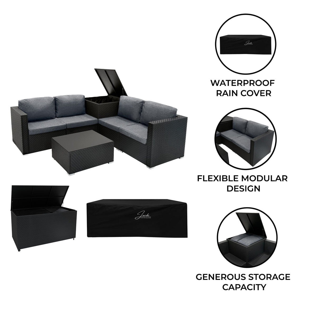 Rattan Modular 6 Piece Furniture Set & 700L Storage Box – Black