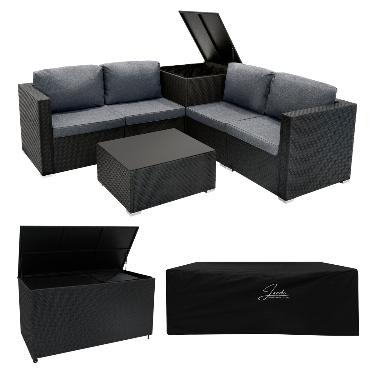 Rattan Modular 6 Piece Furniture Set & 996L Storage Box – Black ...