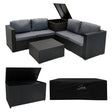 Stylish black rattan modular furniture set with plush gray cushions, includes a storage box and sleek coffee table for outdoor spaces