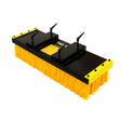 Forklift sweeper brush with bright yellow bristles, sturdy black frame, and dual mounting brackets for efficient cleaning