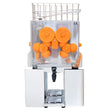Commercial fruit juicer with a sleek stainless steel base, transparent container, and bright orange juicing components for vibrant juice extraction