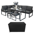 Anthracite grey aluminium corner sofa set with plush cushions, matching stools, and a sleek black rattan storage box, perfect for outdoor spaces