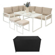 Aluminium corner sofa set in white with beige cushions, accompanied by a black rattan storage box, ideal for outdoor spaces