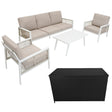 Aluminium 4-piece sofa set in white with soft beige cushions, featuring a black rattan storage box for outdoor use