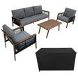 Aluminium 4 piece sofa set featuring grey cushions, black rattan accents, and a wood-effect coffee table with a matching storage box