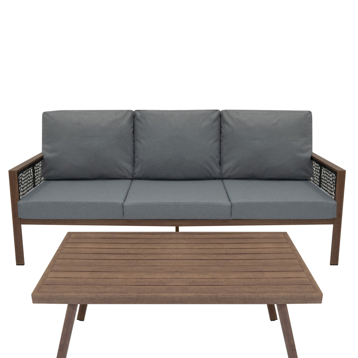 Aluminium 4 Piece Sofa Set with Black Rattan Storage Box - Wood Effect