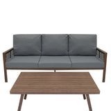 Aluminium 4 Piece Sofa Set with Black Rattan Storage Box - Wood Effect