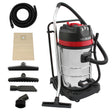 Shiny silver 80L wet and dry vacuum with red accents, featuring a 5m hose and various attachments for versatile cleaning tasks