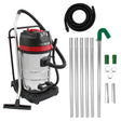 80L wet and dry vacuum with a shiny stainless steel body, red accents, flexible black hose, and multiple aluminum gutter vacuum poles